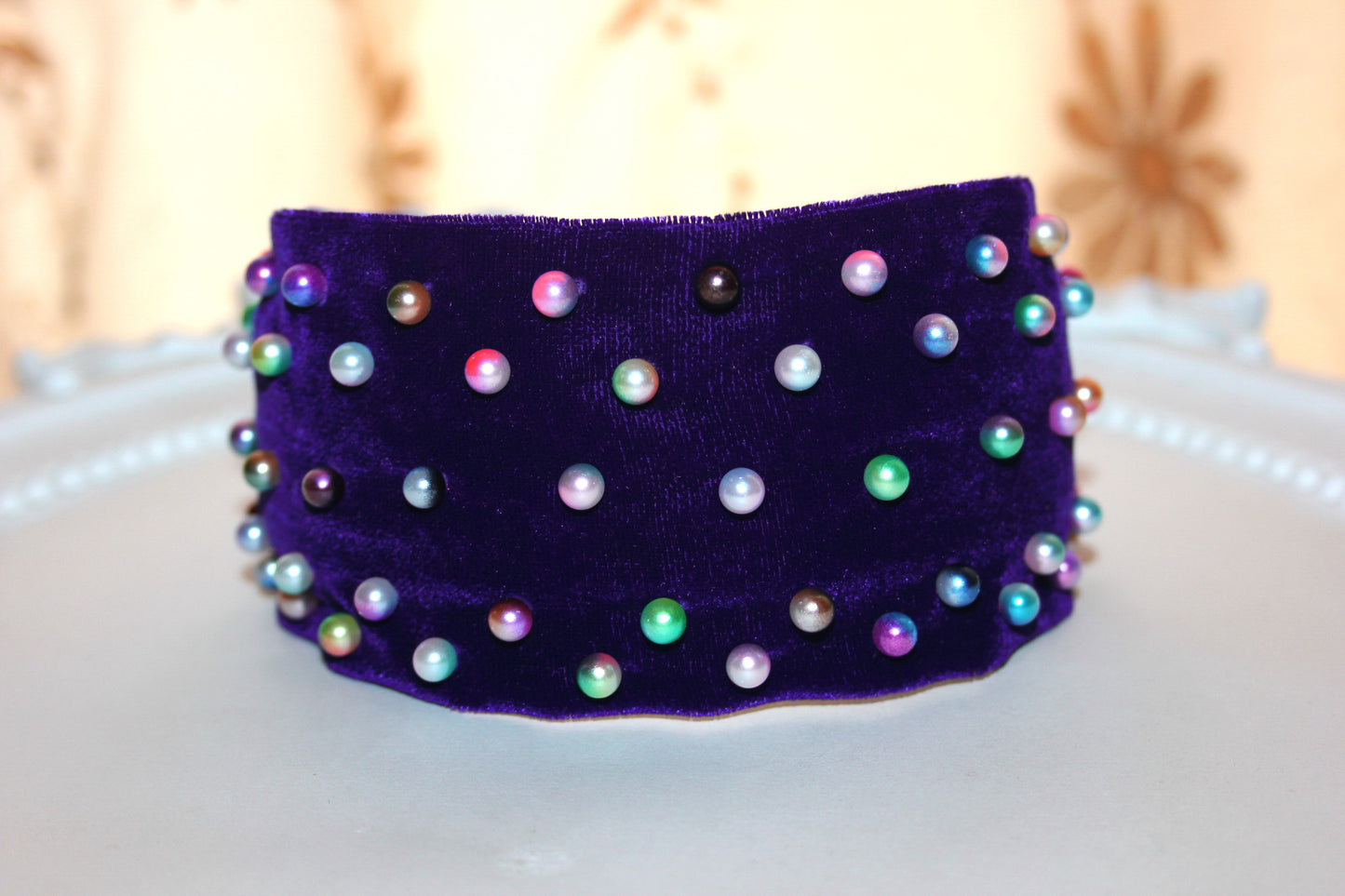 Rainbow pearl headband 2.5" inch purple velvet festival headpiece