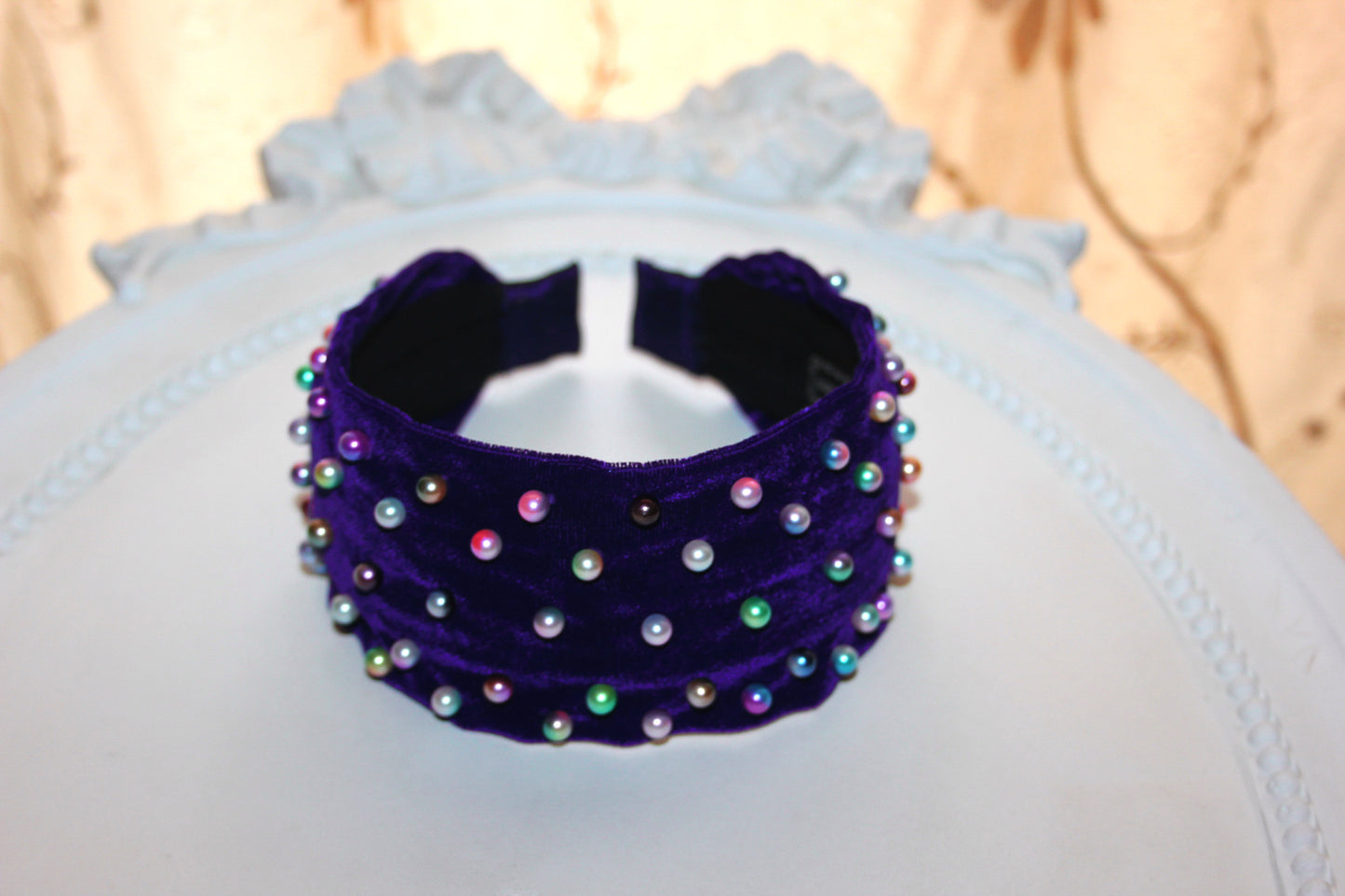 Rainbow pearl headband 2.5" inch purple velvet festival headpiece