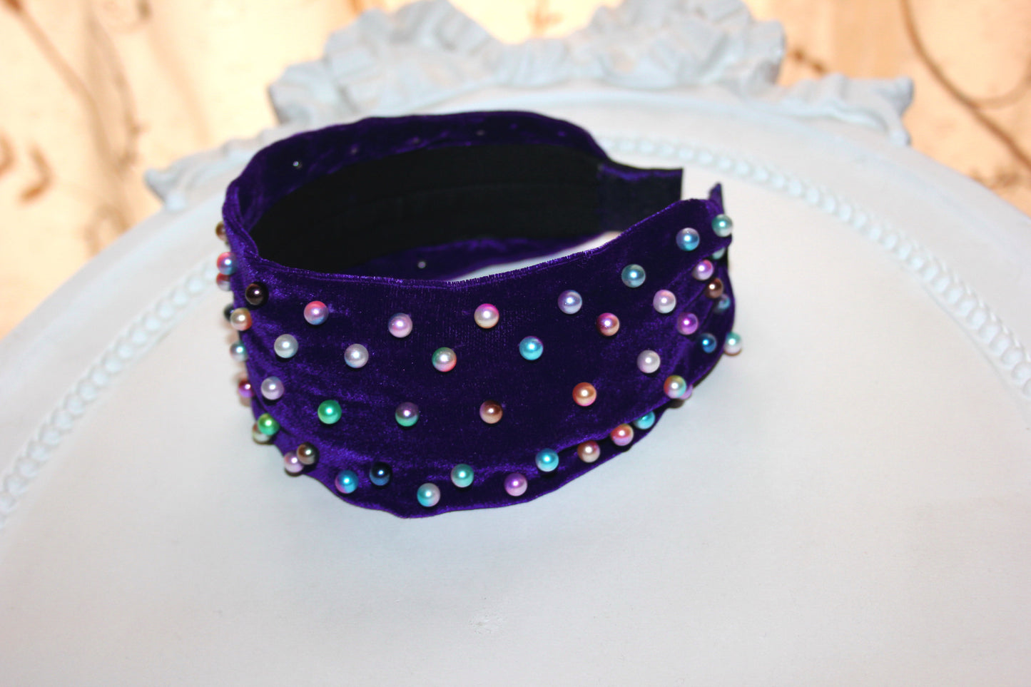 Rainbow pearl headband 2.5" inch purple velvet festival headpiece