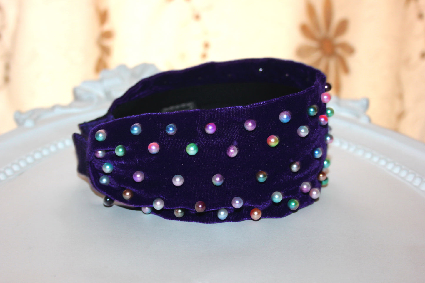 Rainbow pearl headband 2.5" inch purple velvet festival headpiece