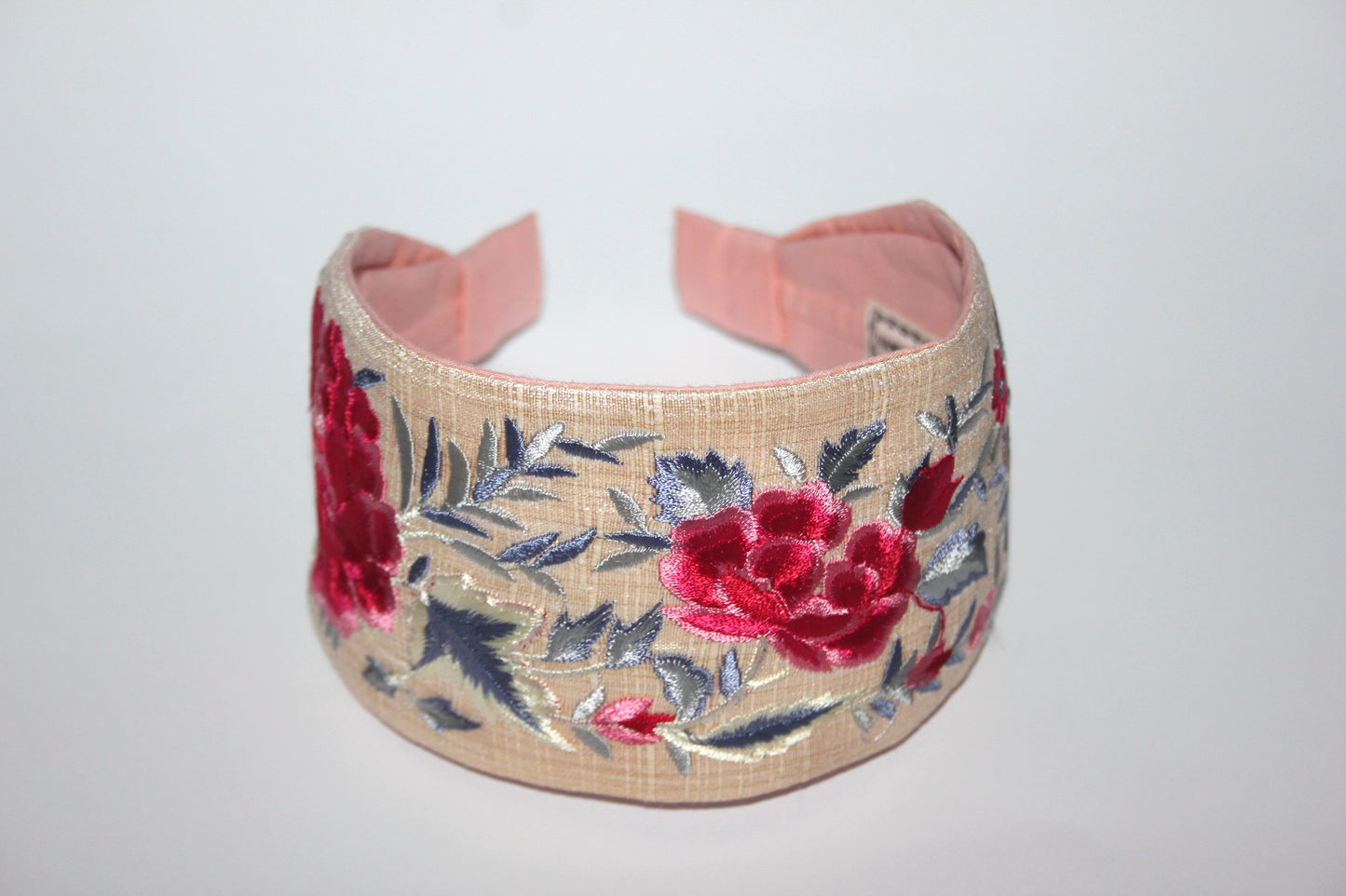 Wide headband 3.15" inch Embroidered Red & Gray flower hairband scarf