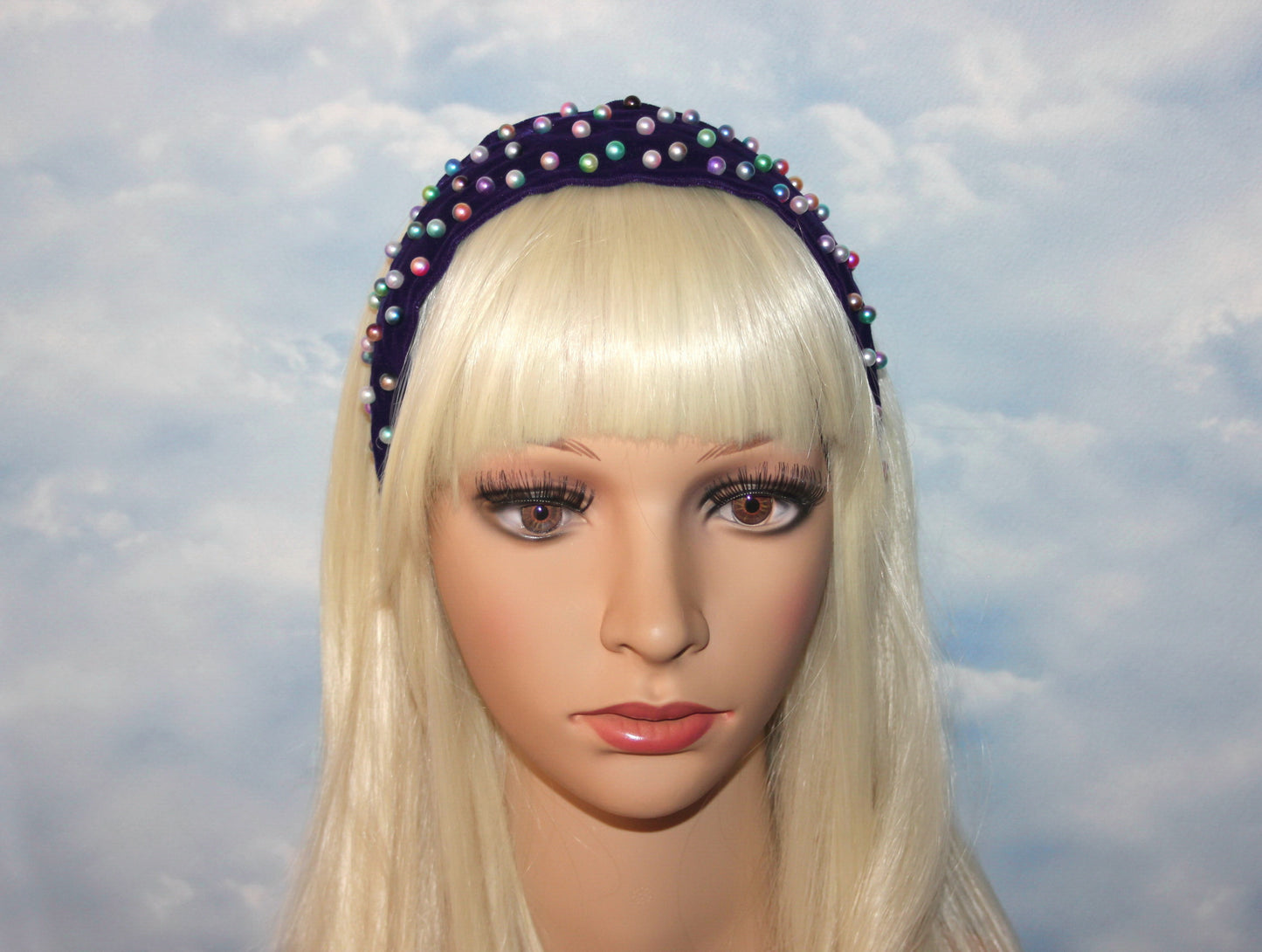 Rainbow pearl headband 2.5" inch purple velvet festival headpiece