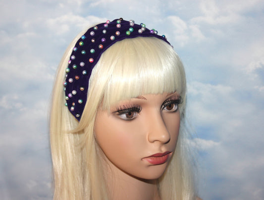 Rainbow pearl headband 2.5" inch purple velvet festival headpiece