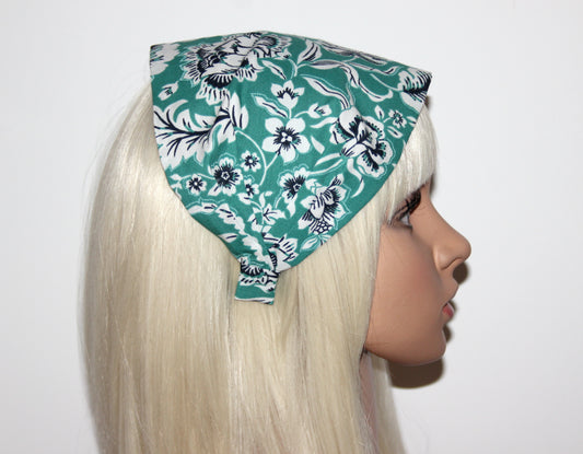 Teal Green bandana headband Floral block print cotton head covering, Structured bandana for women