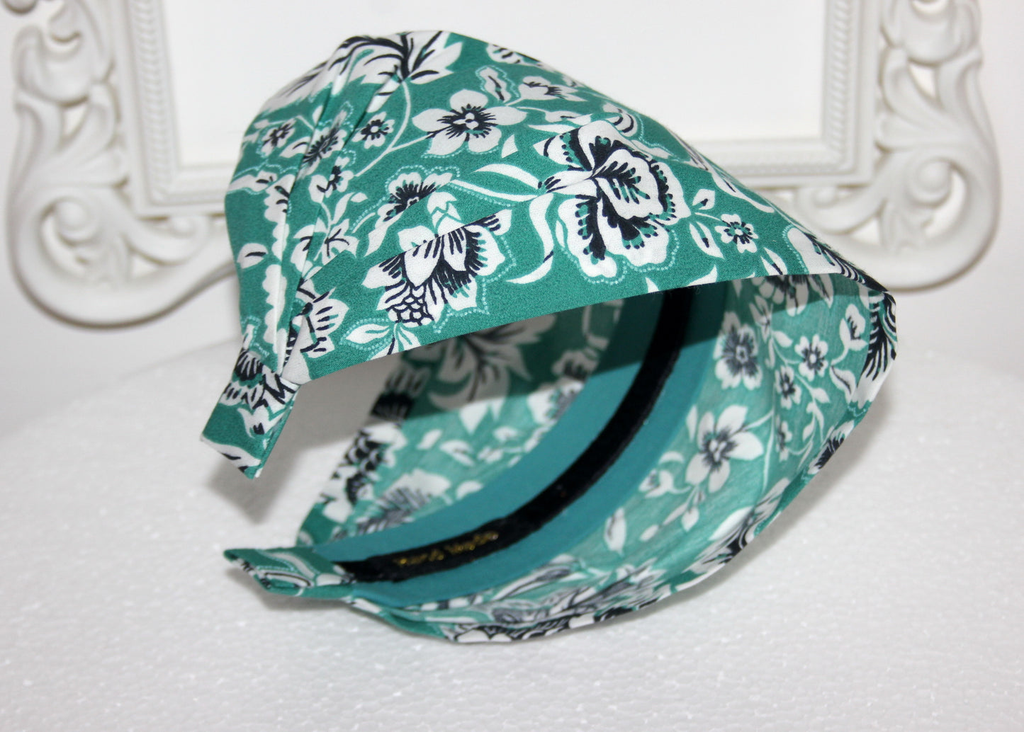 Teal Green bandana headband Floral block print cotton head covering, Structured bandana for women