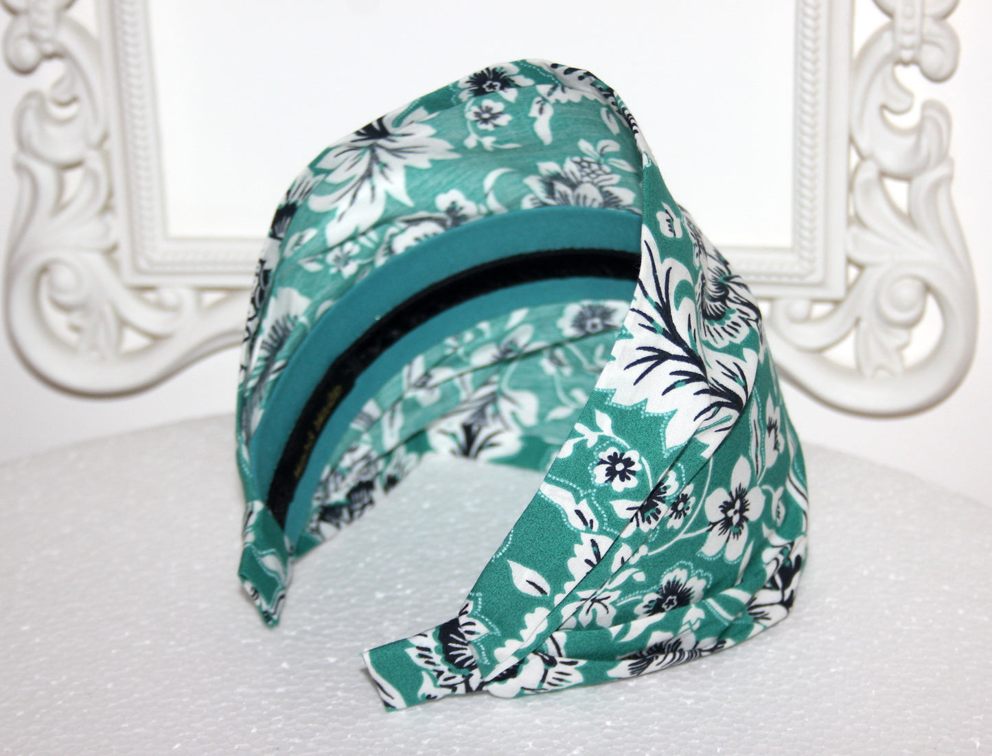 Teal Green bandana headband Floral block print cotton head covering, Structured bandana for women