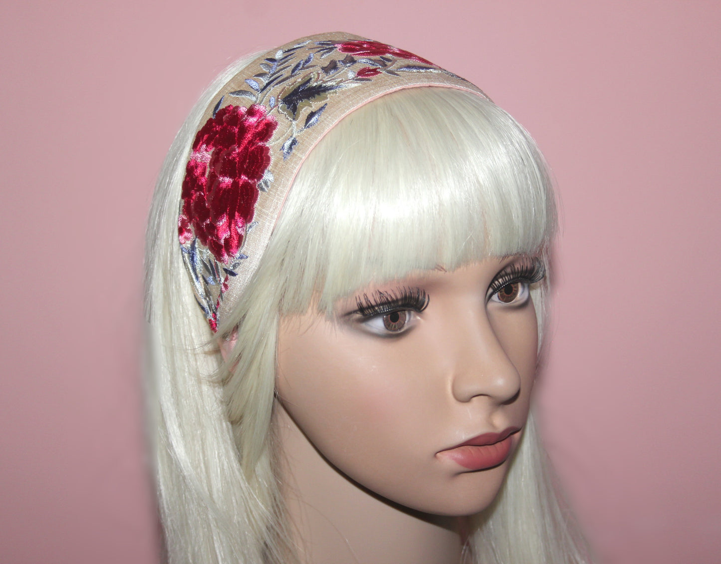 Wide headband 3.15" inch Embroidered Red & Gray flower hairband scarf
