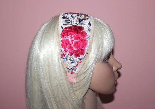 Wide headband 3.15" inch Embroidered Red & Gray flower hairband scarf