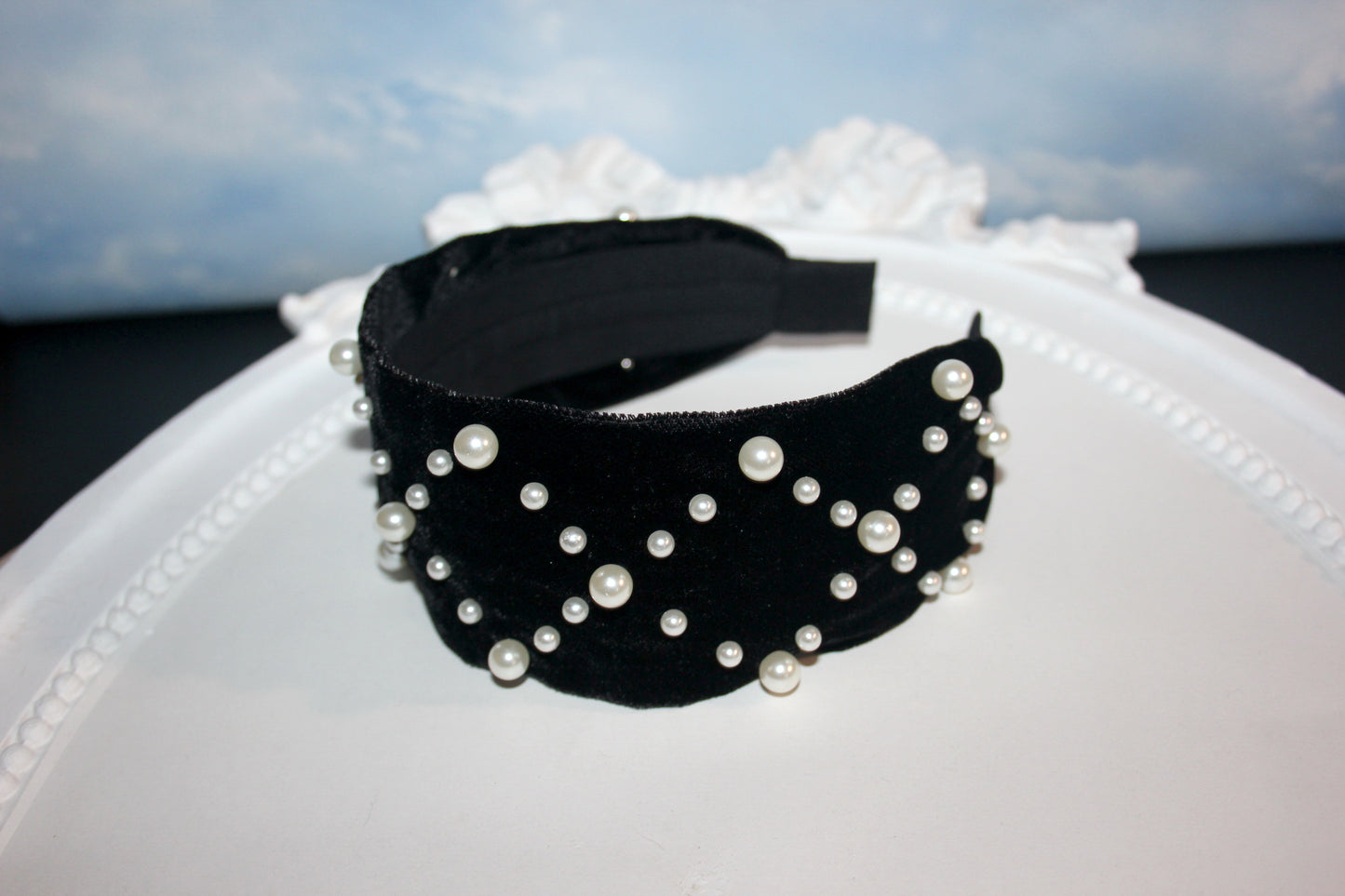 Pearl headband Black velvet festival headpiece 2.35" ivory beaded hairband