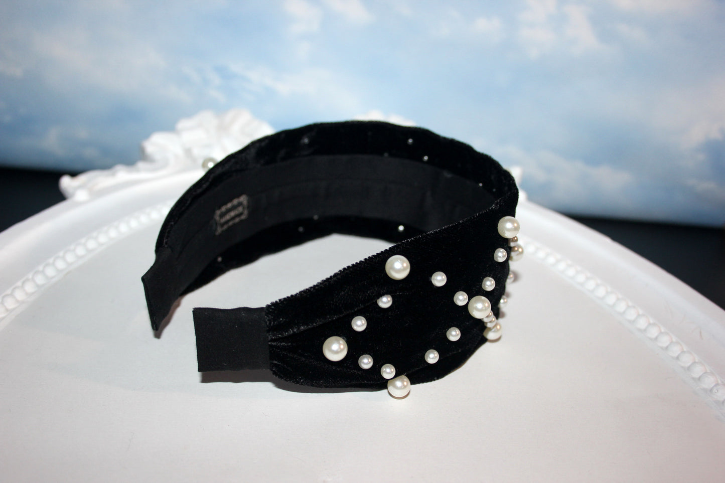 Pearl headband Black velvet festival headpiece 2.35" ivory beaded hairband