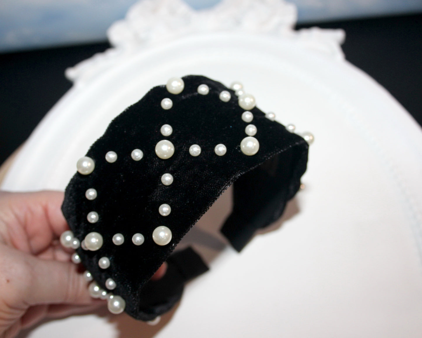 Pearl headband Black velvet festival headpiece 2.35" ivory beaded hairband