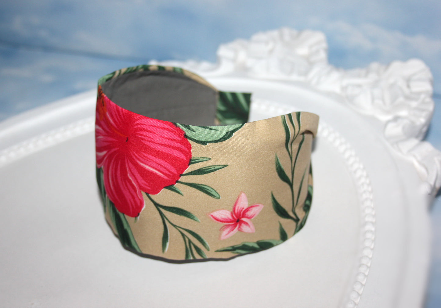 Wide headband Tropical plumeria and hibiscus fabric print hairband scarf