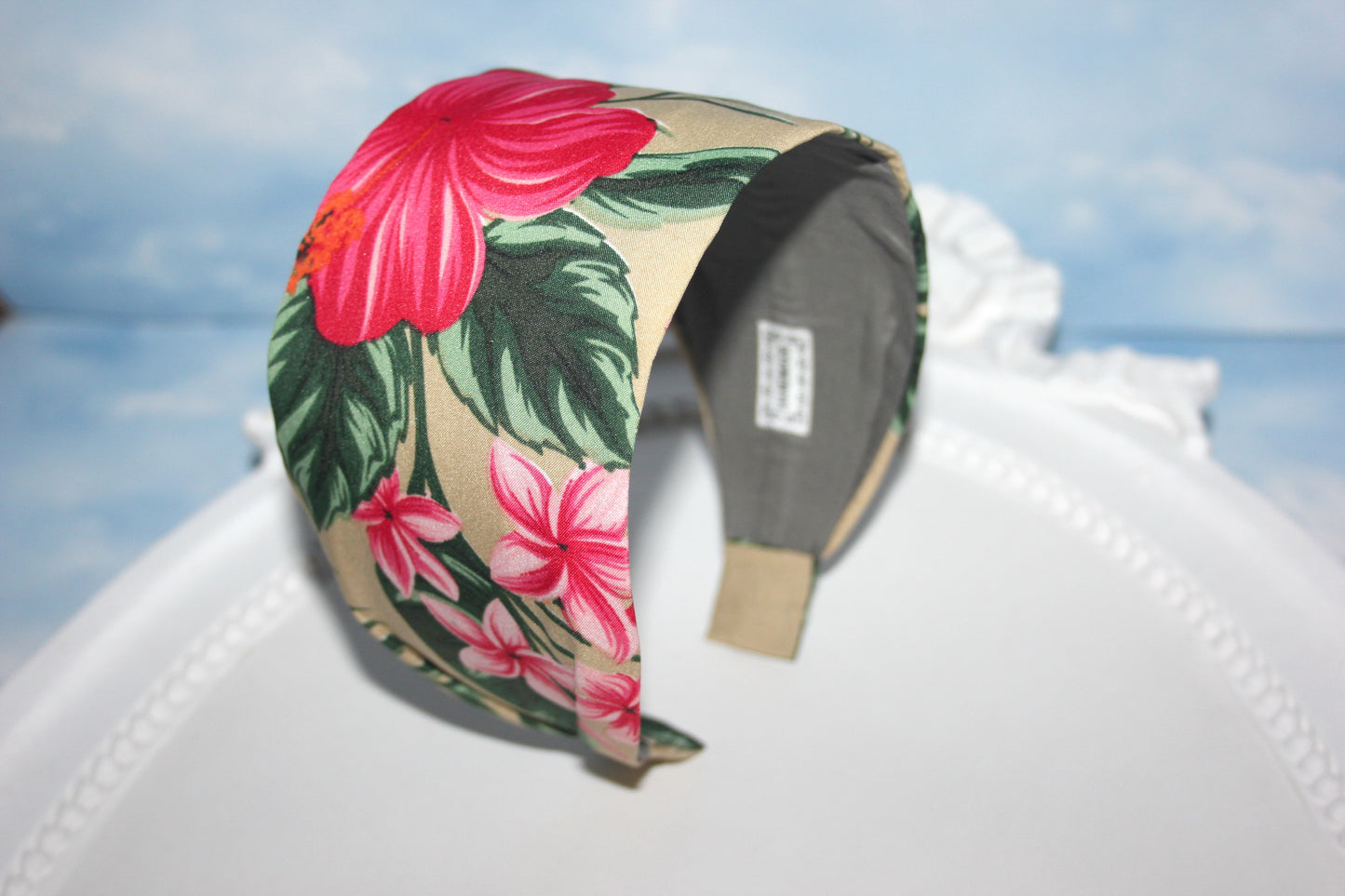 Wide headband Tropical plumeria and hibiscus fabric print hairband scarf