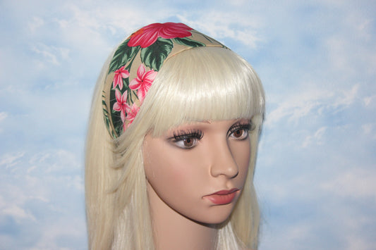 Wide headband Tropical plumeria and hibiscus fabric print hairband scarf