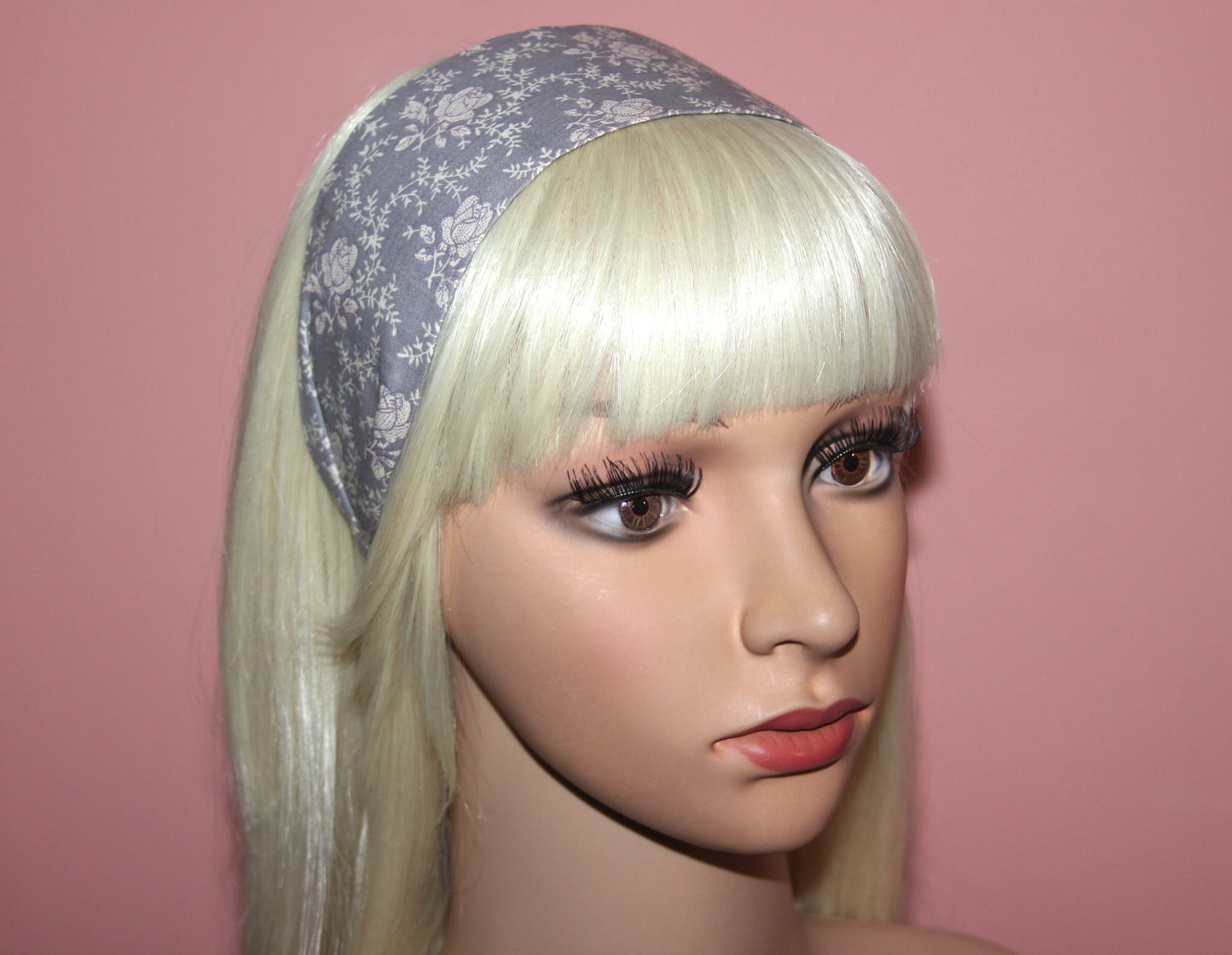 Gray headband for women Blossom extra wide hairband bandana Cotton print head scarf