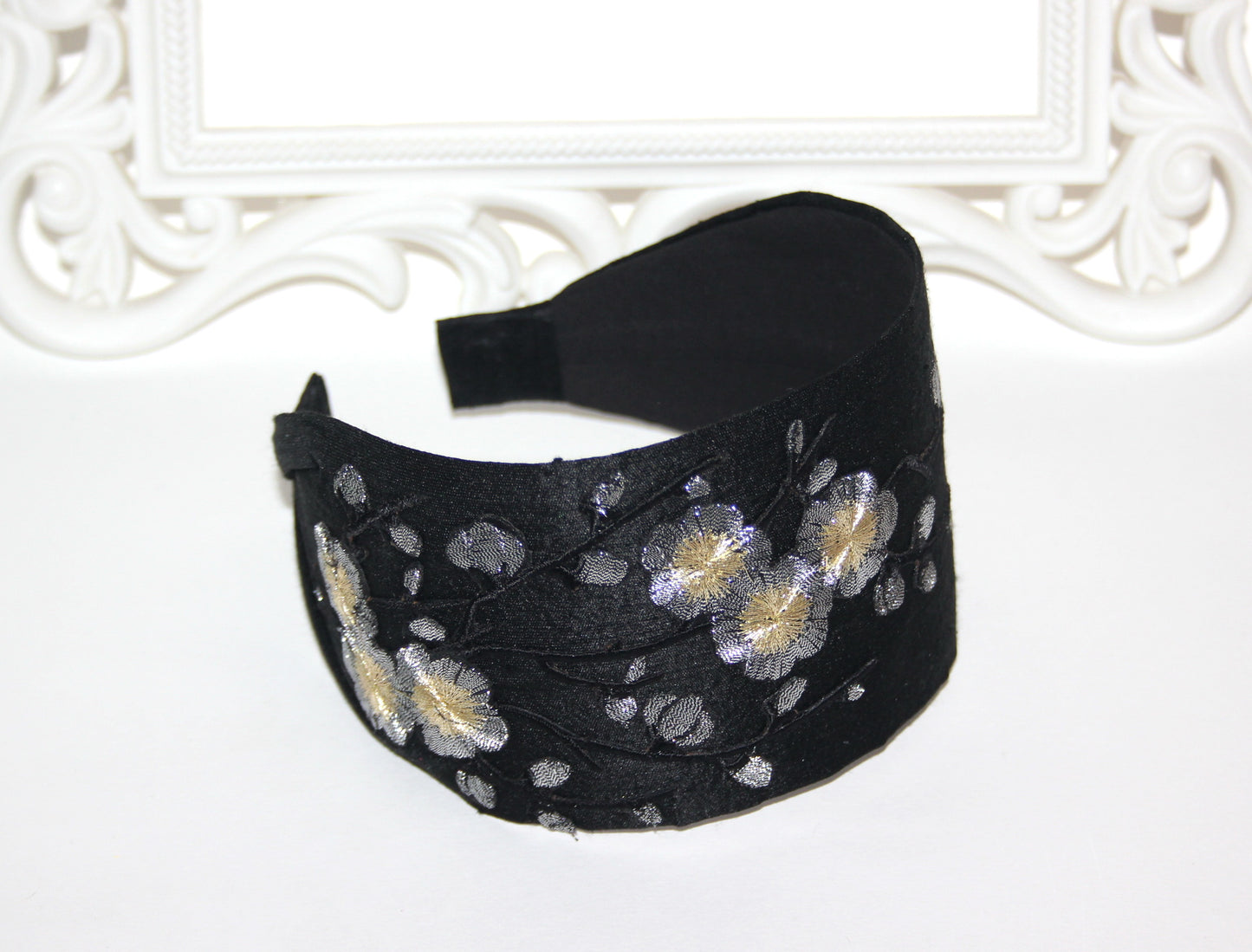 Black silk headband for women Embroidered Silver Gray sakura hairband scarf