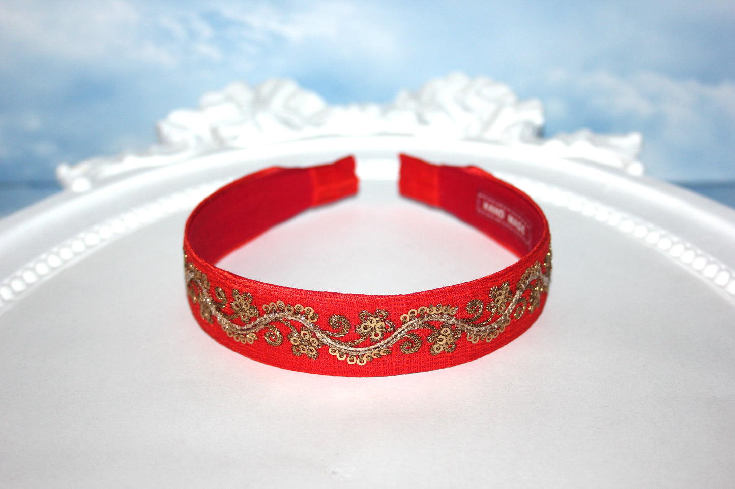 Red embroidered 1"inch raw silk headband fancy sequin hairdband