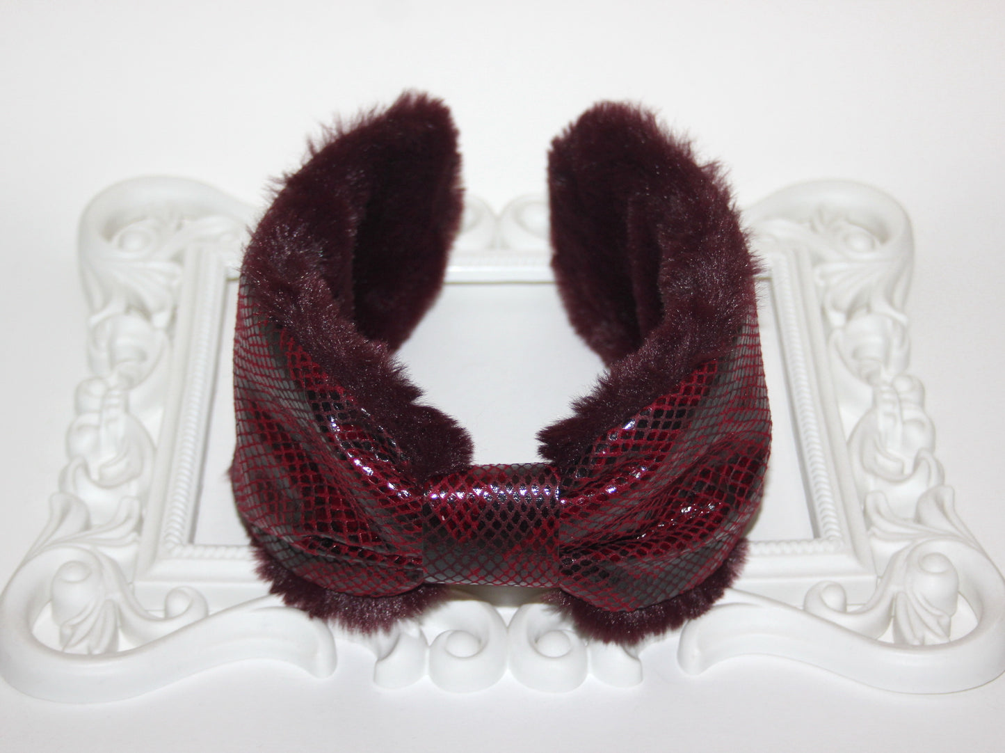Dark Red snake print woman earmuffs faux suede/patent leather&faux fur fluffy ear muff