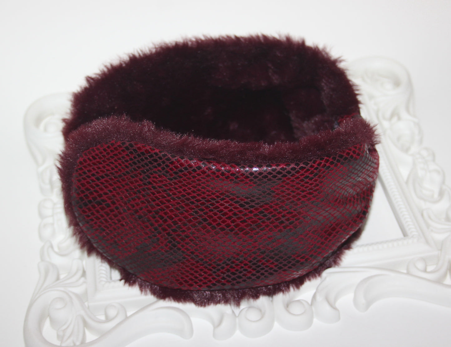 Dark Red snake print woman earmuffs faux suede/patent leather&faux fur fluffy ear muff