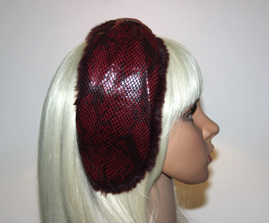 Dark Red snake print woman earmuffs faux suede/patent leather&faux fur fluffy ear muff