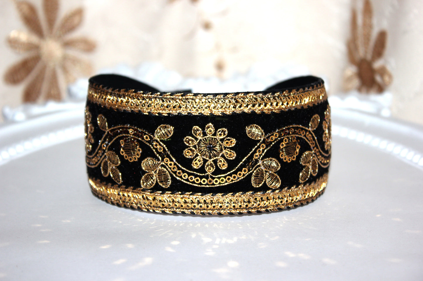 Black & Gold embroidered velvet hair band scarf 2.2" inches Sequin headband for women