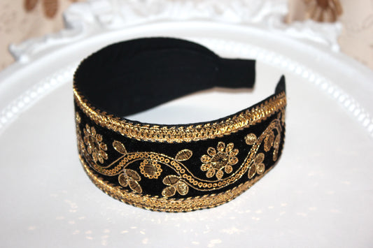 Black & Gold embroidered velvet hair band scarf 2.2" inches Sequin headband for women