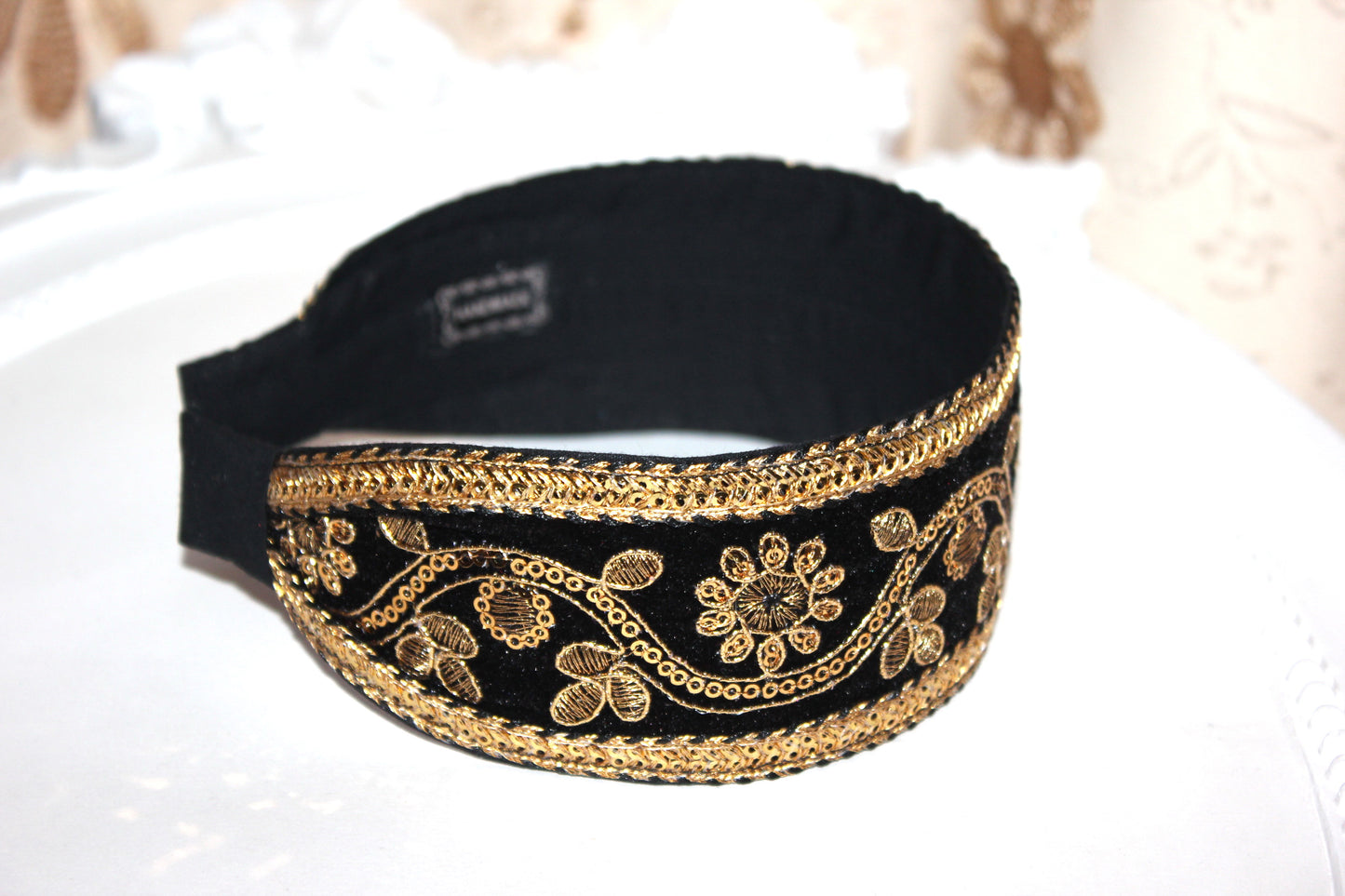 Black & Gold embroidered velvet hair band scarf 2.2" inches Sequin headband for women