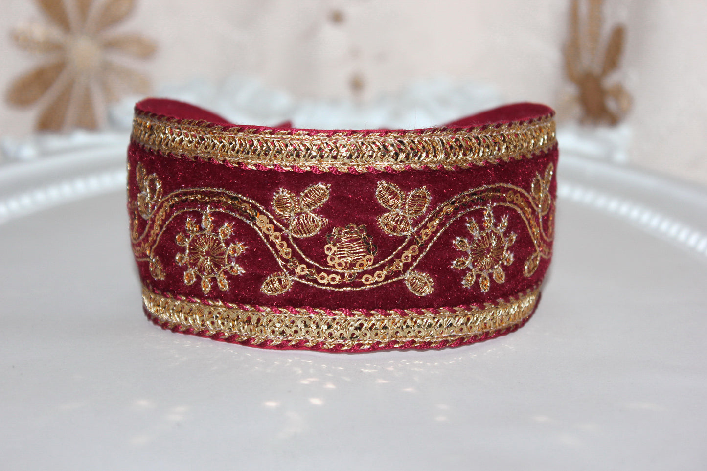 Dark Red sequin headband 2.2" inches Gold embroidered velvet hair band scarf