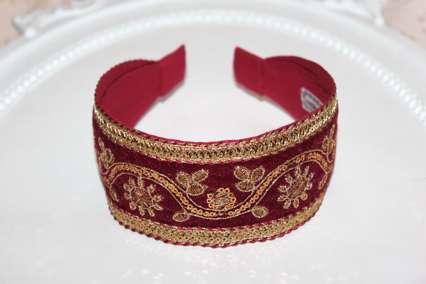Dark Red sequin headband 2.2" inches Gold embroidered velvet hair band scarf