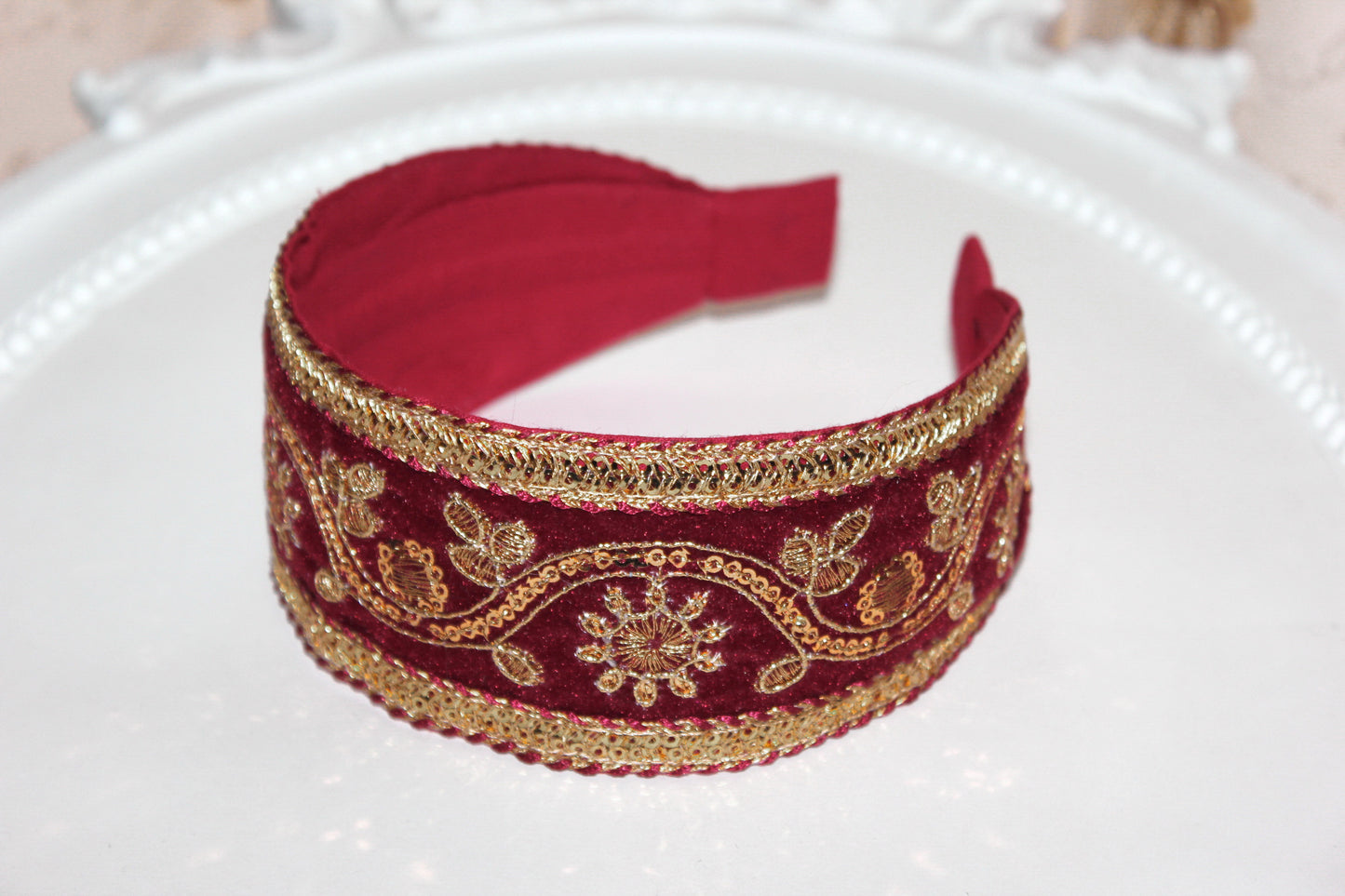 Dark Red sequin headband 2.2" inches Gold embroidered velvet hair band scarf