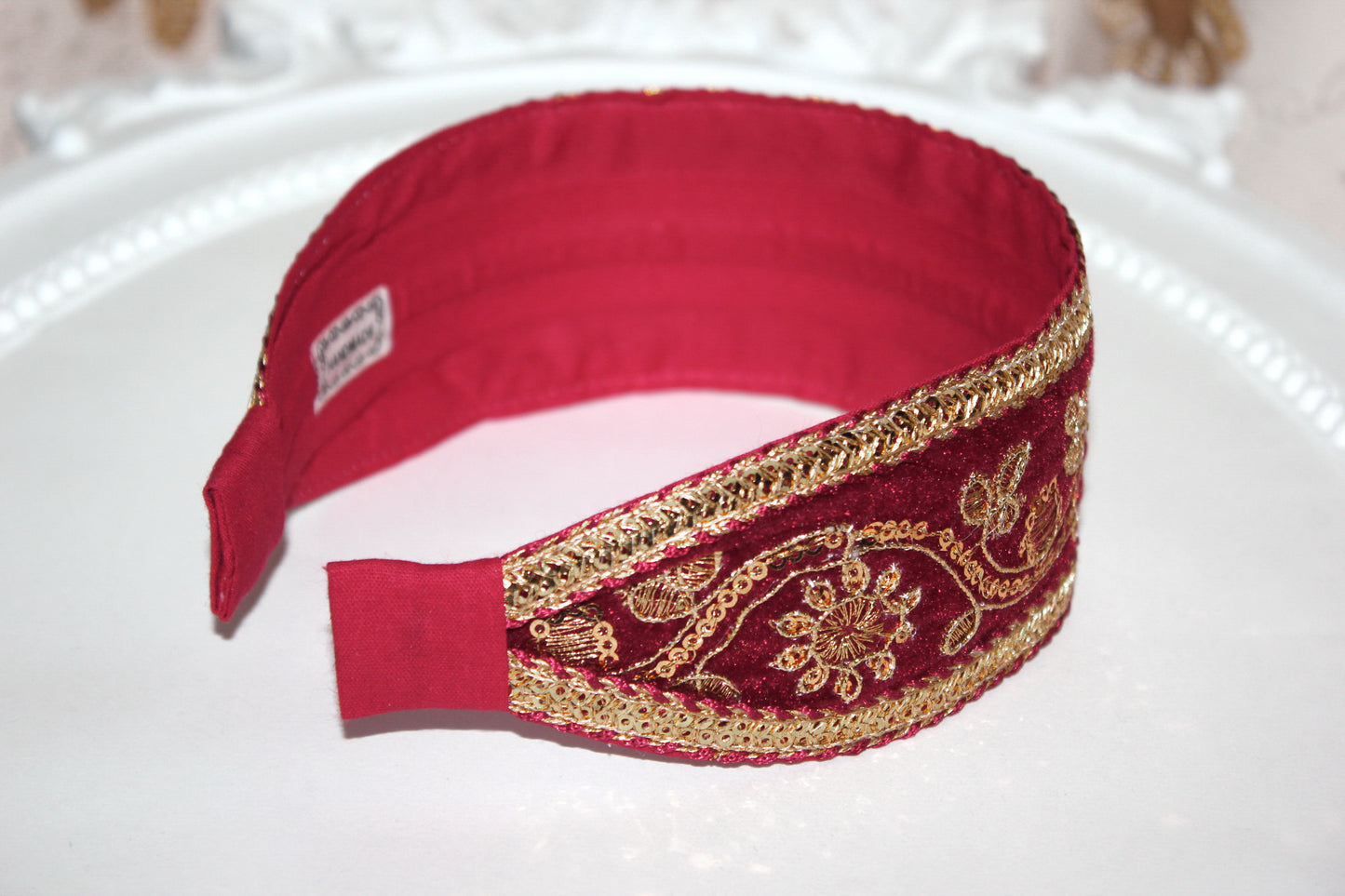 Dark Red sequin headband 2.2" inches Gold embroidered velvet hair band scarf