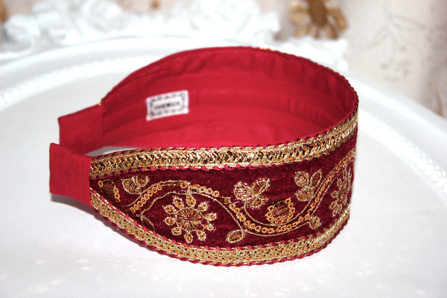 Dark Red sequin headband 2.2" inches Gold embroidered velvet hair band scarf