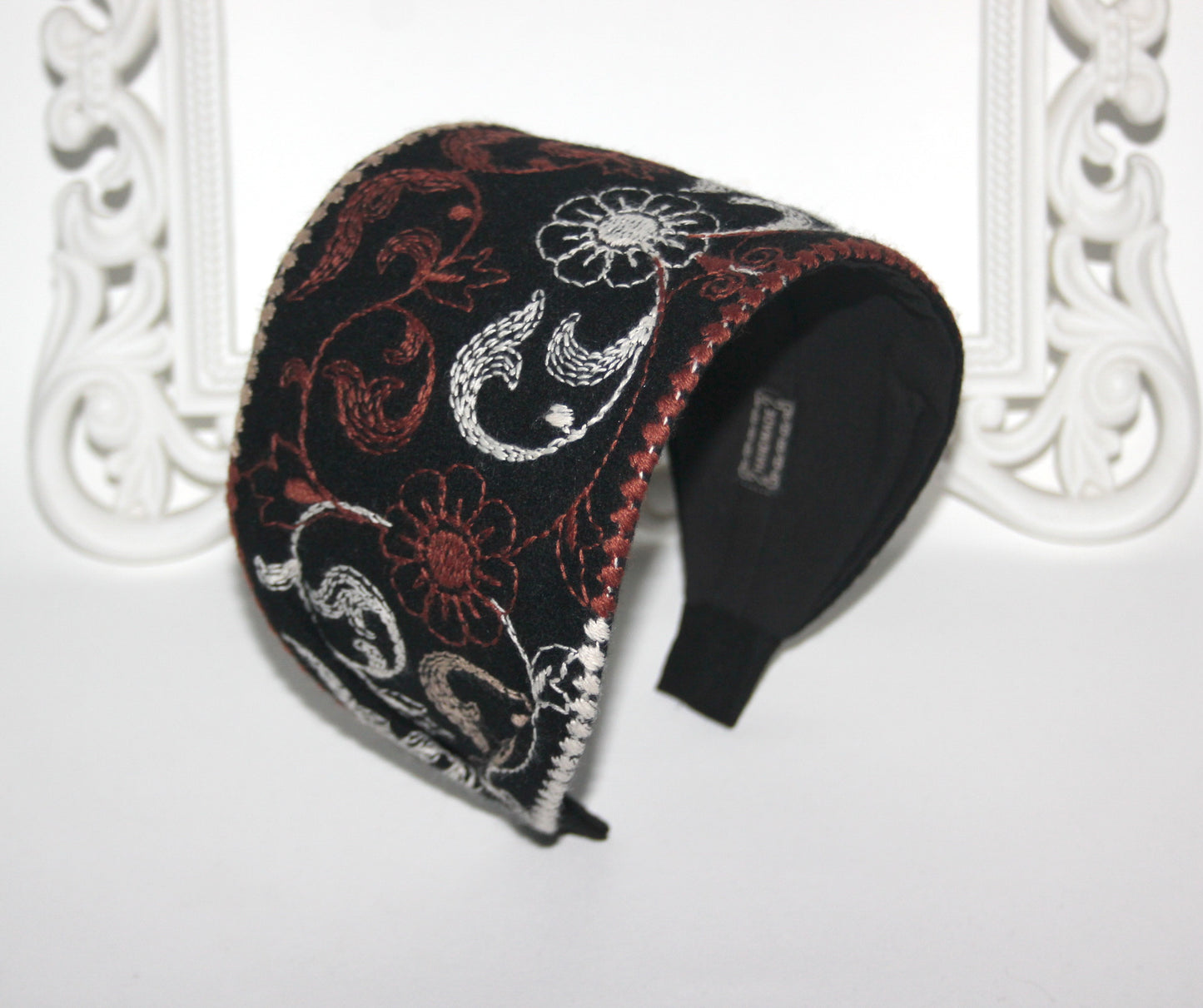 Wool headband 4 inches Black & Brown warm hairband scarf Embroidered Boho head cover