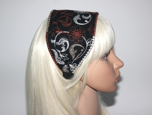 Wool headband 4 inches Black & Brown warm hairband scarf Embroidered Boho head cover