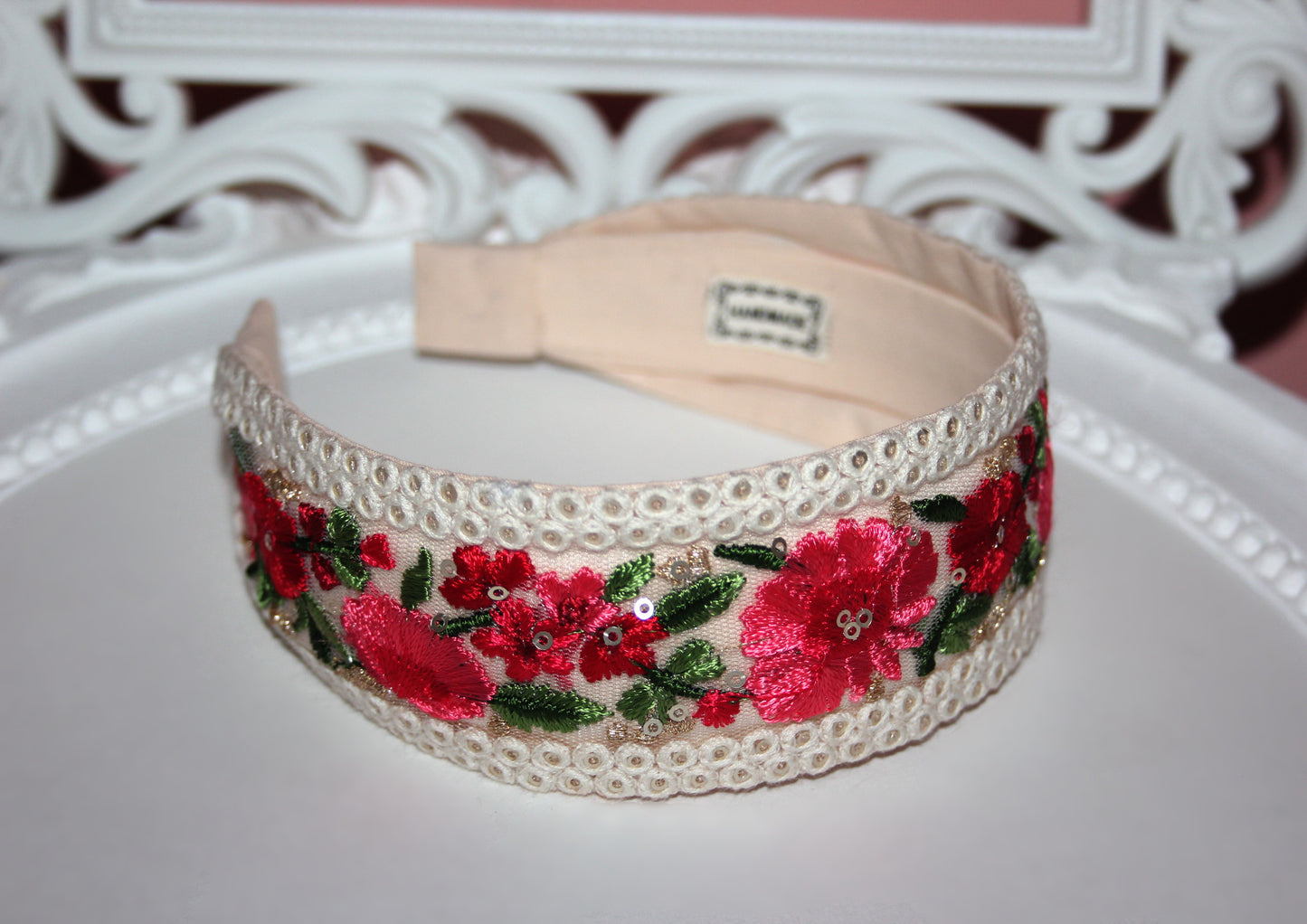 Embroidered woman headband Comfy headband scarf, 2" wide hairband, sequin gold stunning headpiece