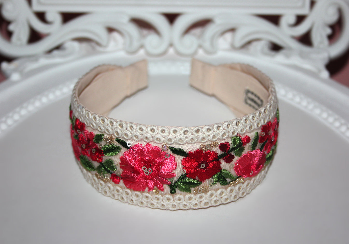 Embroidered woman headband Comfy headband scarf, 2" wide hairband, sequin gold stunning headpiece
