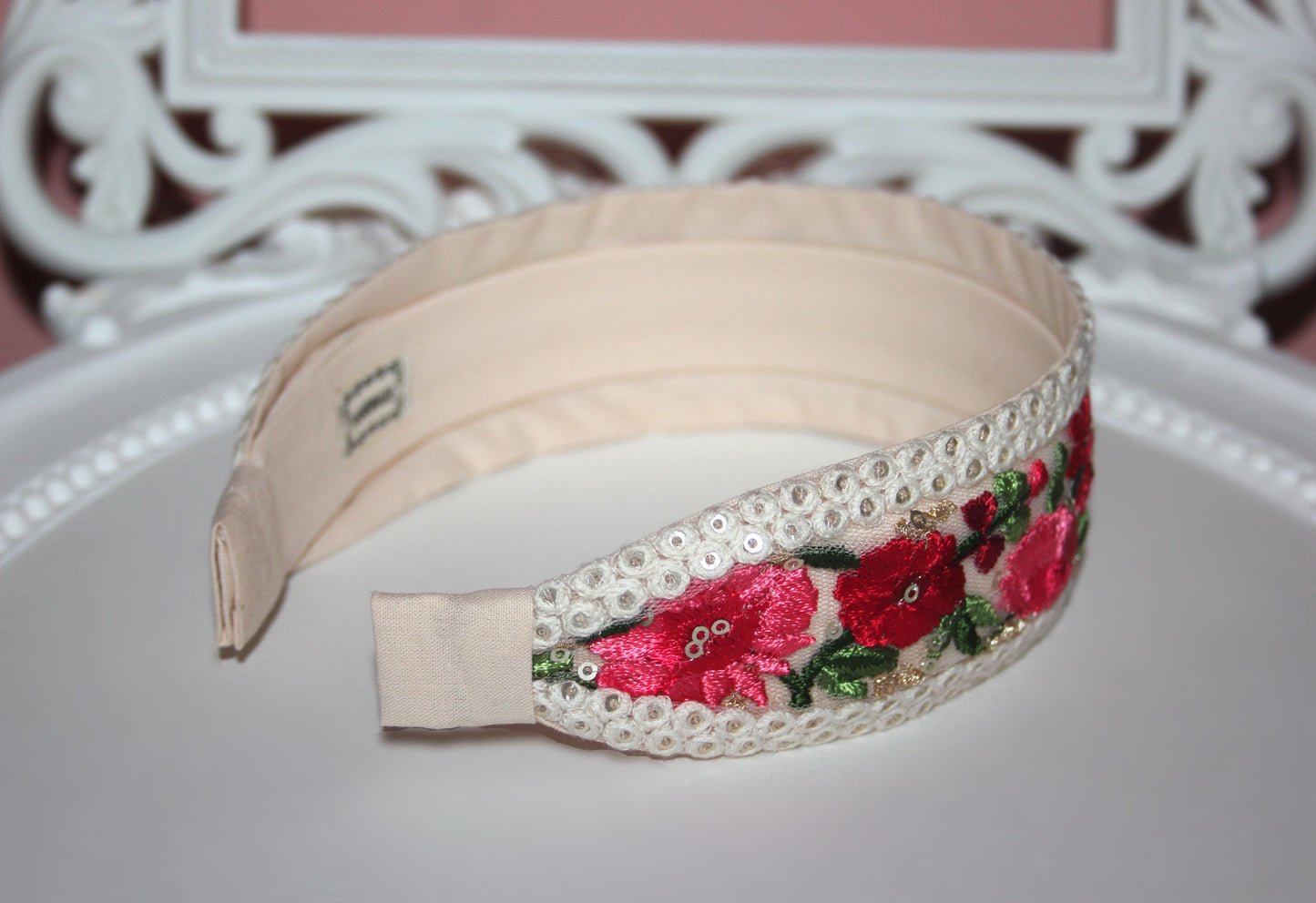 Embroidered woman headband Comfy headband scarf, 2" wide hairband, sequin gold stunning headpiece