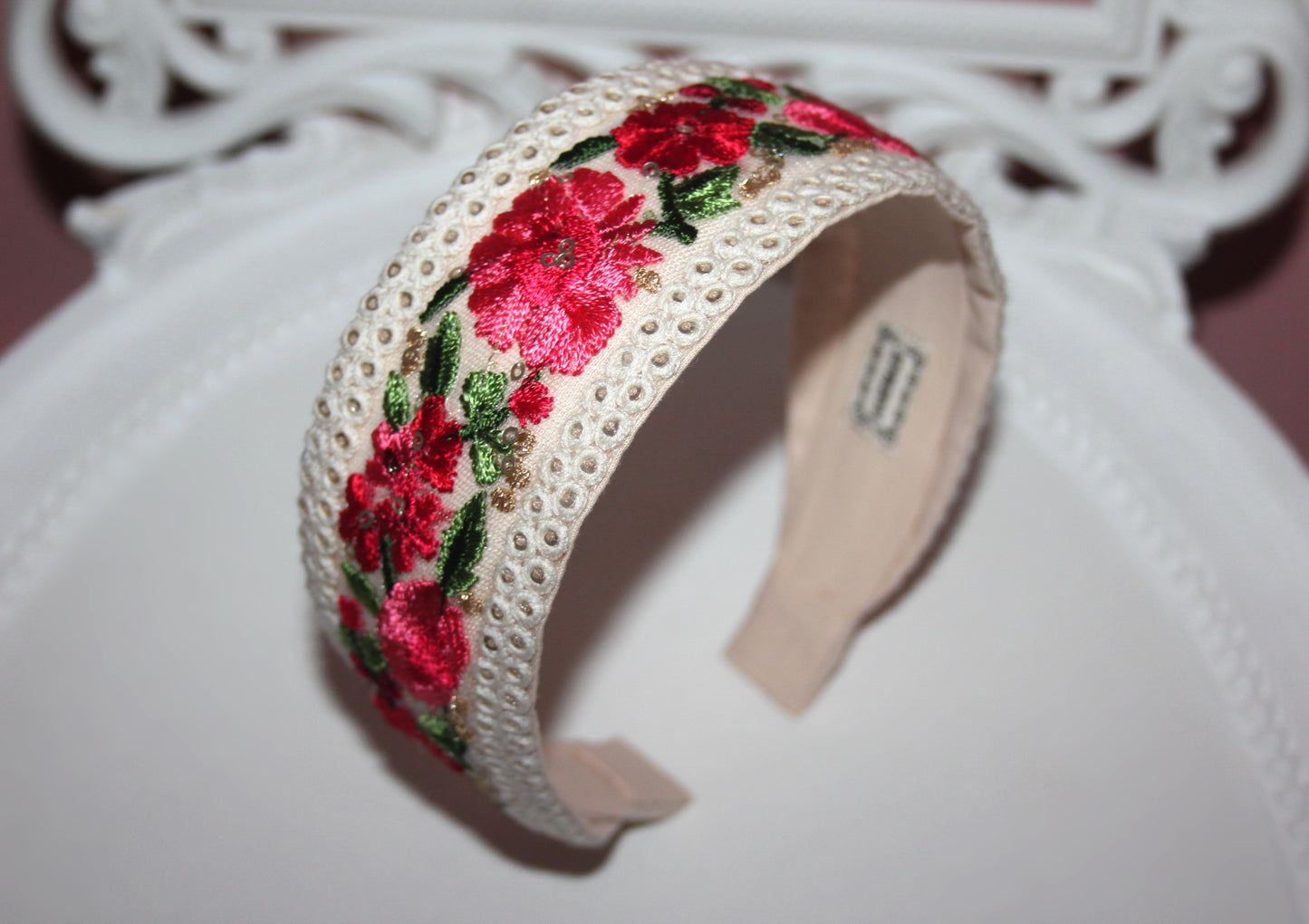 Embroidered woman headband Comfy headband scarf, 2" wide hairband, sequin gold stunning headpiece