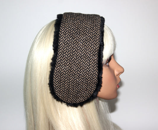Wool ear headband faux fur earmuff for woman herringbone skiing headphones