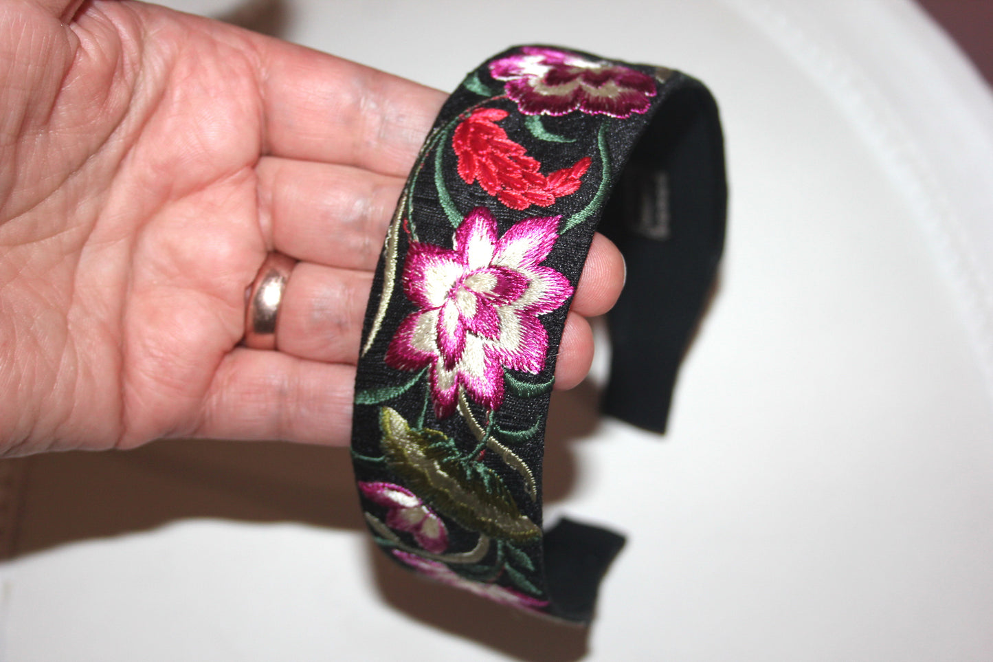 Embroidered hairband 1.6" inch Black, Green & Magenta silk headband