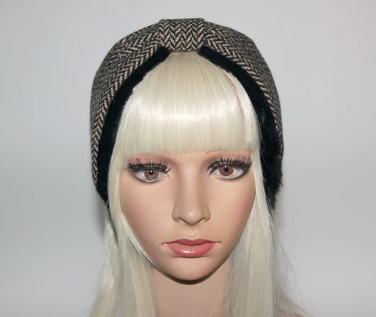 Wool ear warmer faux fur earmuffs for woman herringbone headband turban
