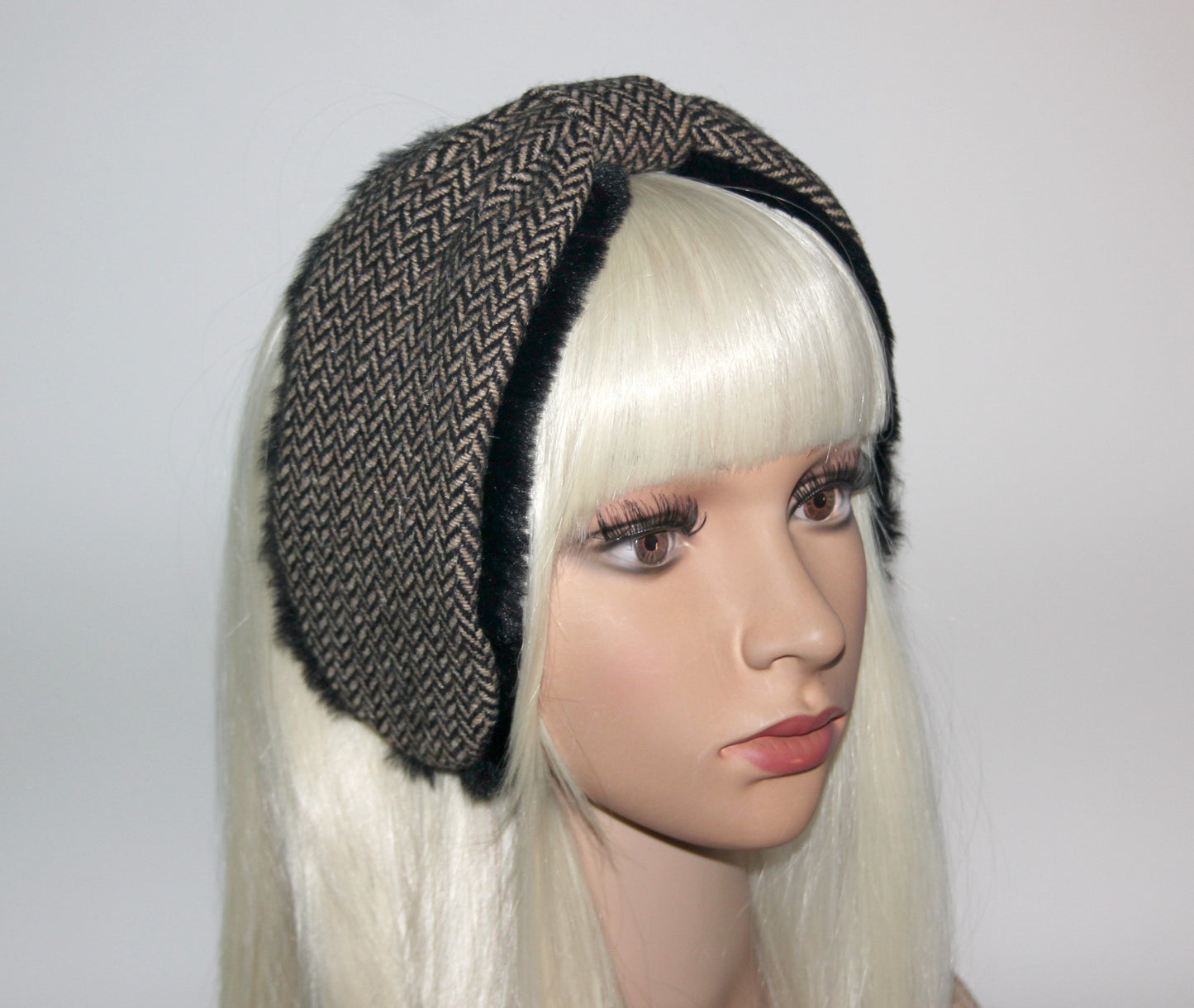 Wool ear warmer faux fur earmuffs for woman herringbone headband turban