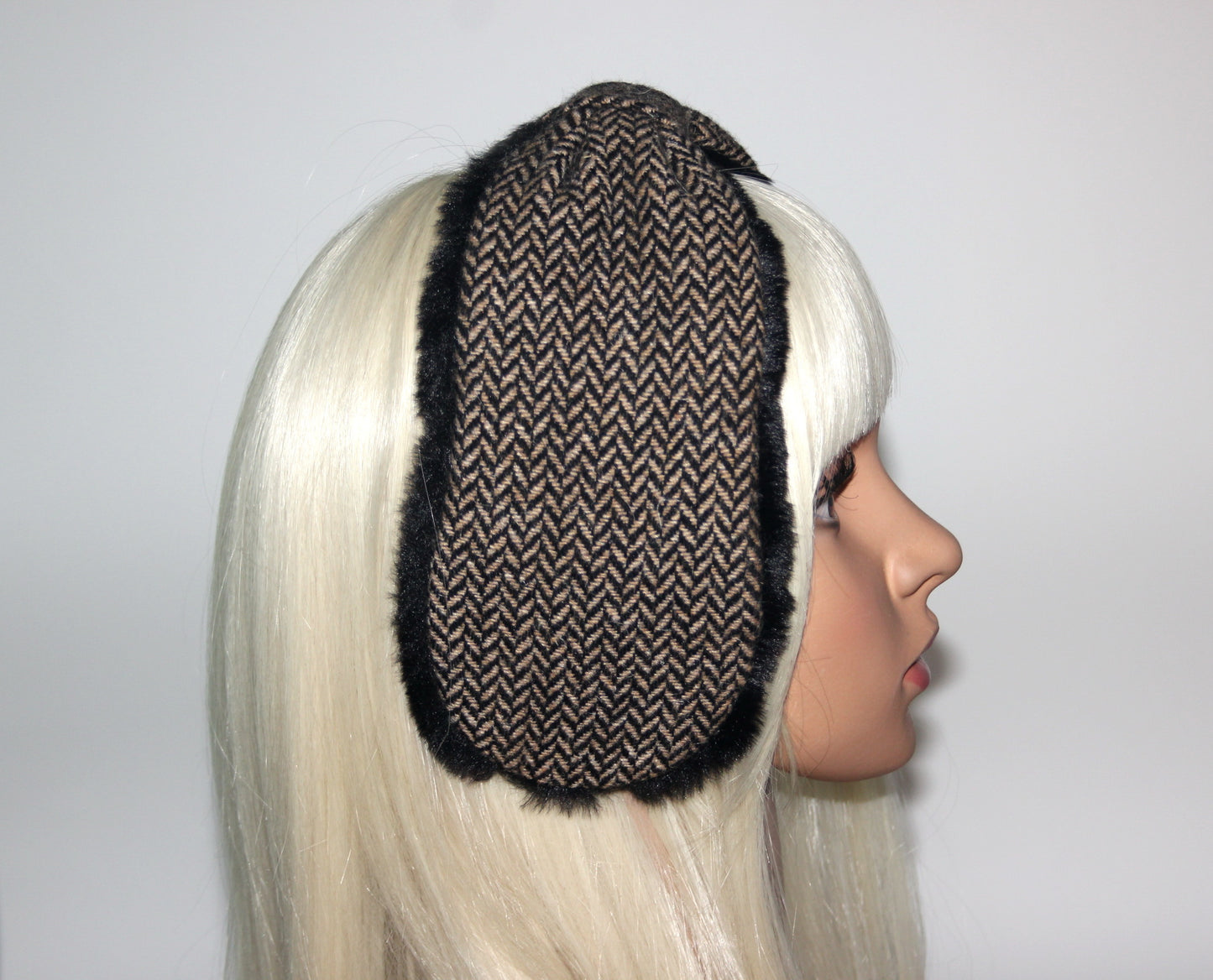 Wool ear warmer faux fur earmuffs for woman herringbone headband turban