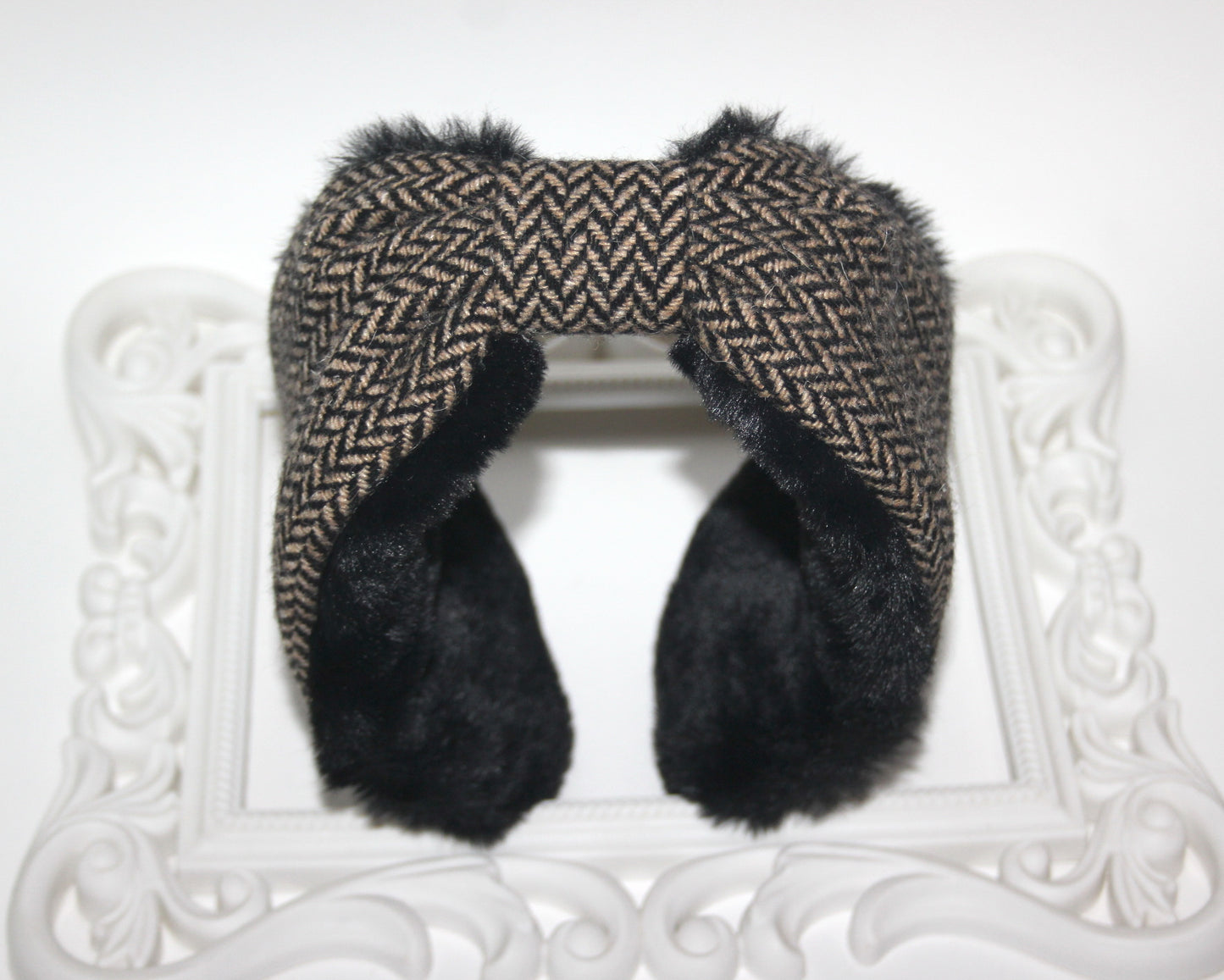 Wool ear warmer faux fur earmuffs for woman herringbone headband turban