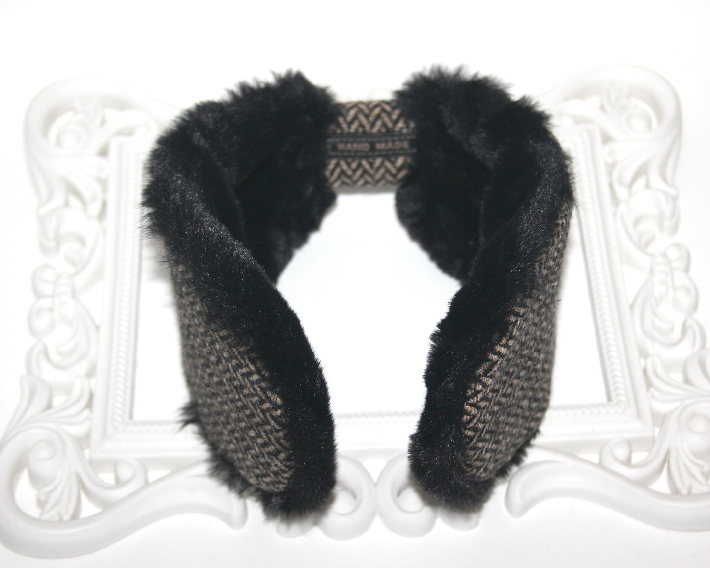 Wool ear warmer faux fur earmuffs for woman herringbone headband turban