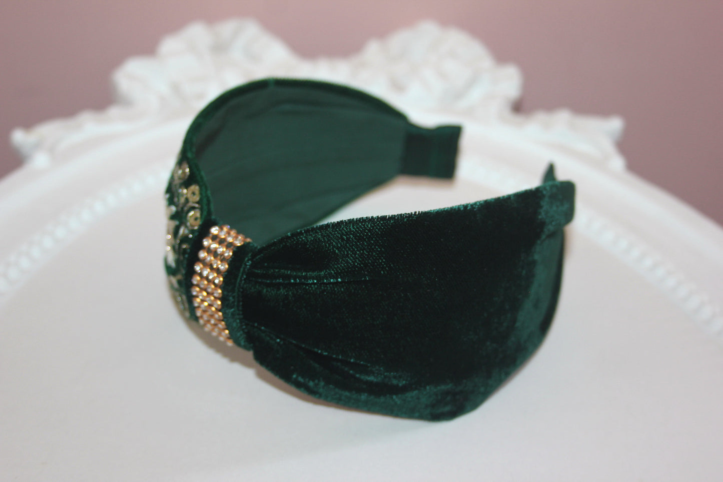 Embroidered headband Dark Green & Gold silk velvet hairband, plastic free
