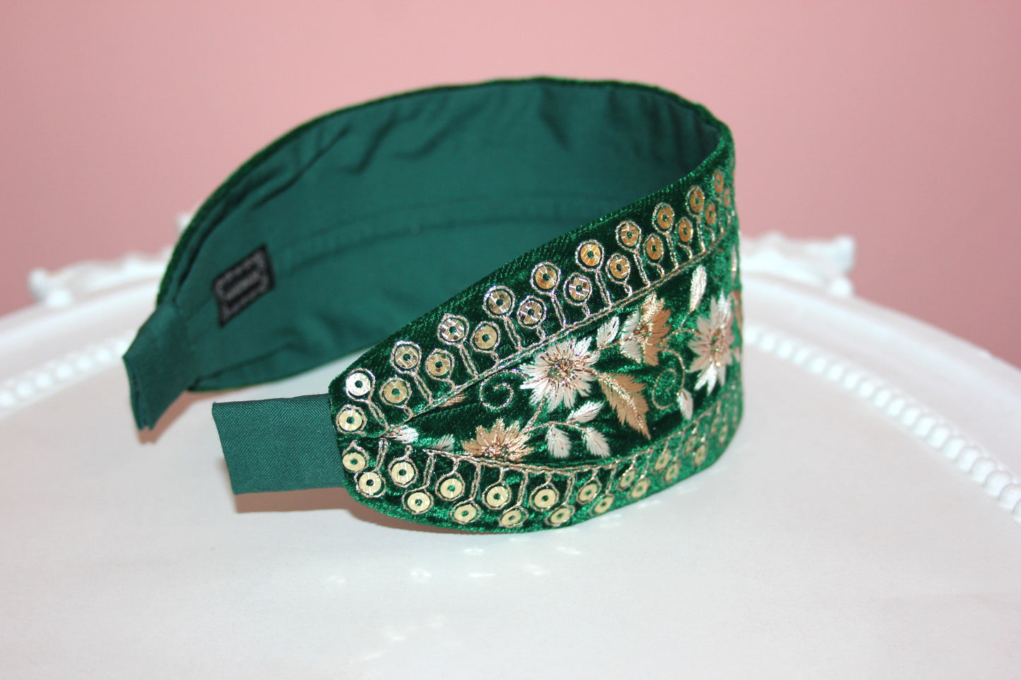 Fashion velvet headband 2.75" inch Dark Green sequin gold embroidered luxury hairband