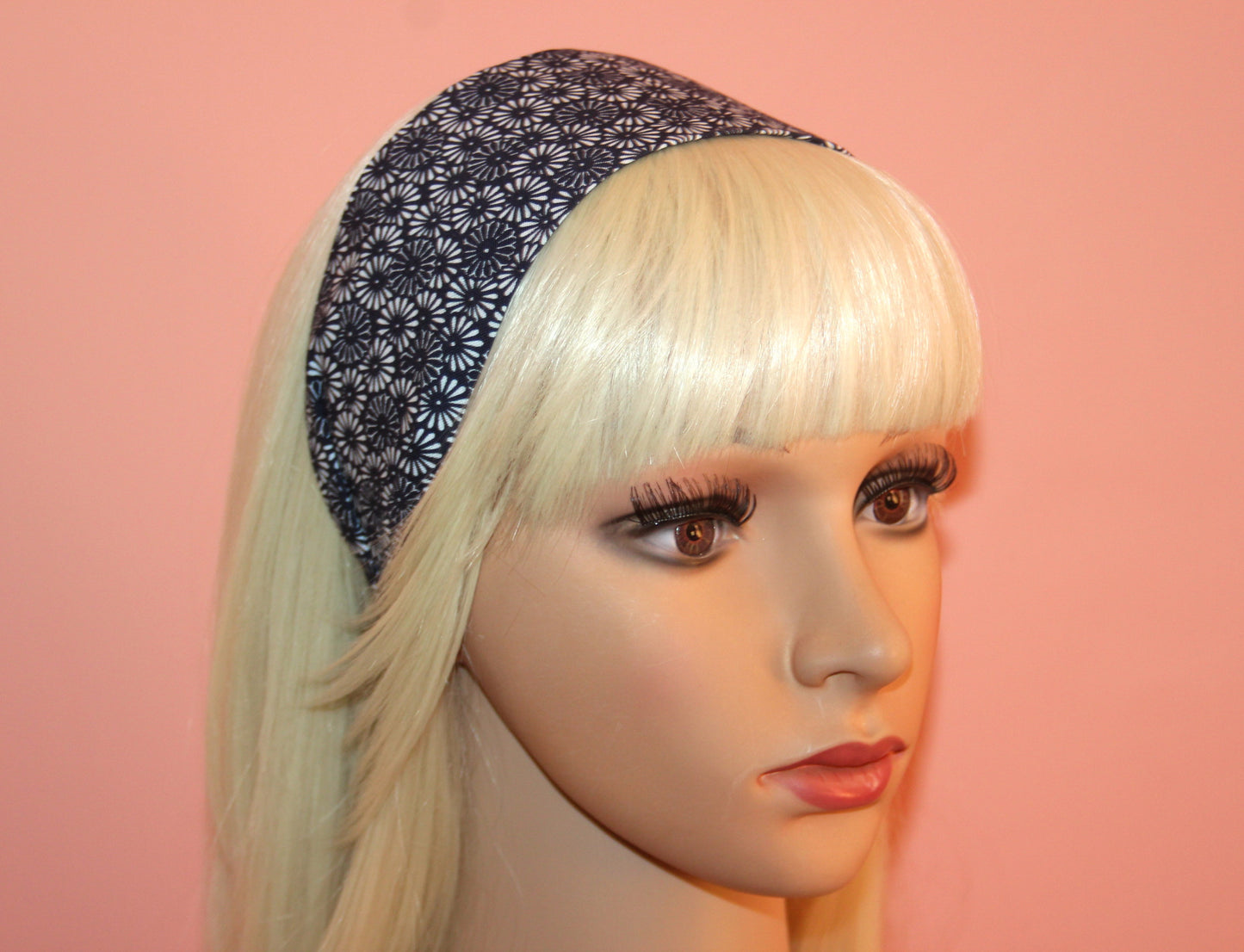 Dark Blue headband for women Daisy print extra wide hairband