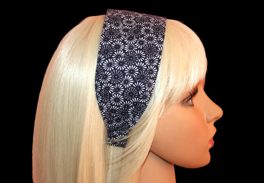 Dark Blue headband for women Daisy print extra wide hairband