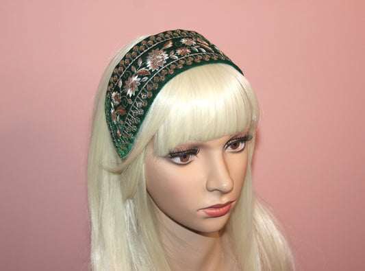 Fashion velvet headband 2.75" inch Dark Green sequin gold embroidered luxury hairband